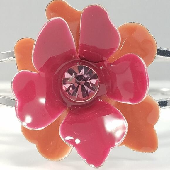 Vintage Enamel Rhinestone Flower Clamper Bracelet - Picture 8 of 10